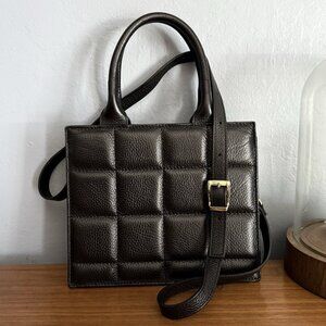 Unica! Firenze Genuine Italian Leather Quilted Crossbody Tote Bag Black